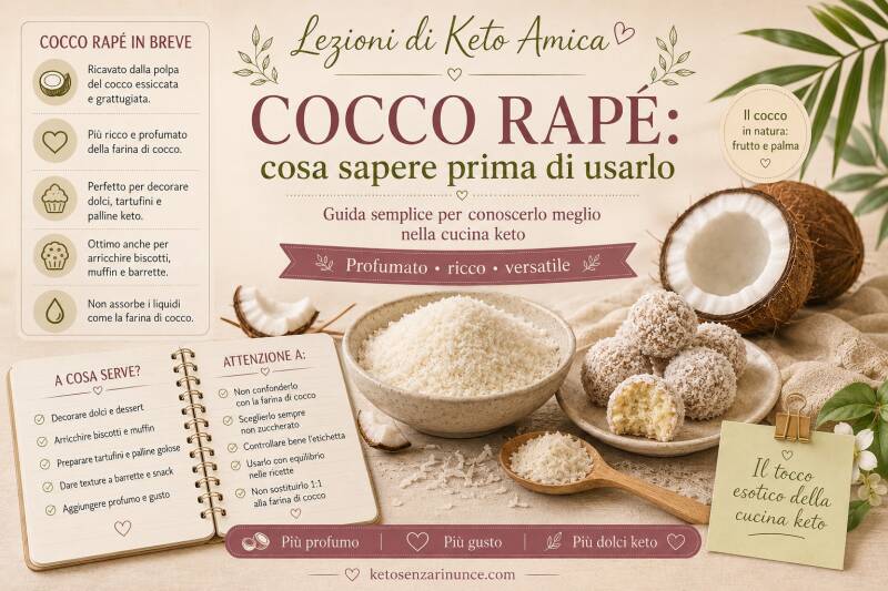 Copertina della lezione di Keto Amica dedicata al cocco rapé, con cocco fresco, cocco grattugiato e tartufini keto. Guida pratica per capire cos’è, come si usa, in cosa si differenzia dalla farina di cocco e come inserirlo correttamente nelle ricette chet