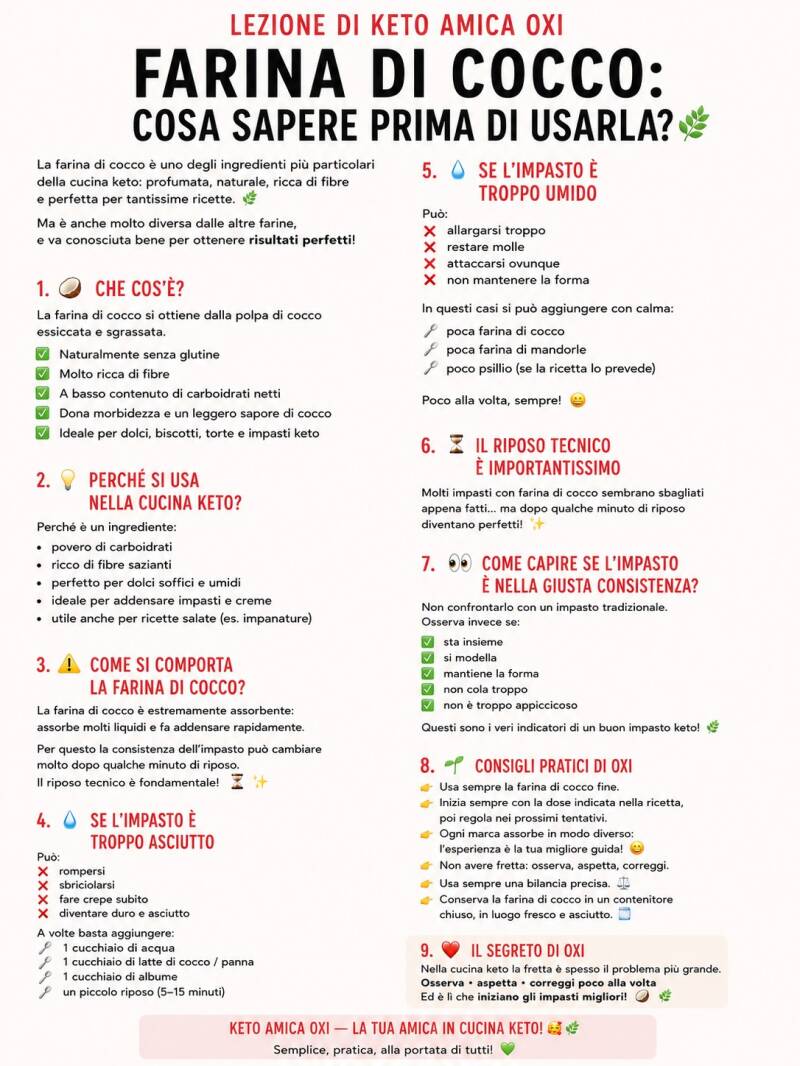 Scheda pratica della lezione di Keto Amica sulla farina di cocco, con consigli su assorbimento, consistenza dell’impasto, correzioni utili e uso corretto di uno degli ingredienti più particolari della cucina keto.