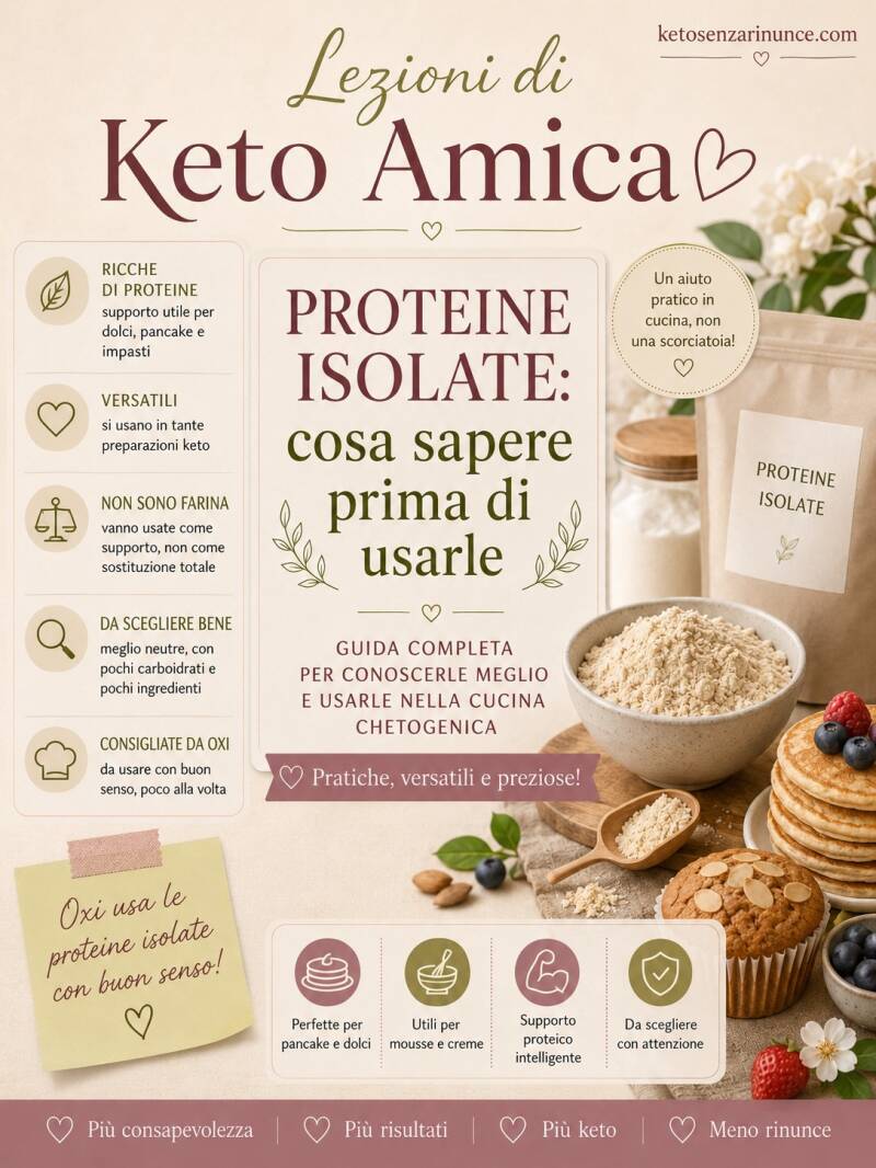 Copertina grafica della lezione di Keto Amica dedicata alle proteine isolate, ingrediente utile nella cucina keto come supporto pratico per dolci, pancake, mousse, creme e impasti. Immagine elegante e informativa firmata Oxi Keto Amica per ketosenzarinunc