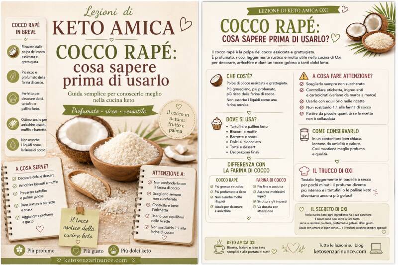 Copertina della lezione di Keto Amica dedicata al cocco rapé, con cocco fresco, cocco grattugiato e tartufini keto. Guida pratica per capire cos’è, come si usa, in cosa si differenzia dalla farina di cocco e come inserirlo correttamente nelle ricette chet