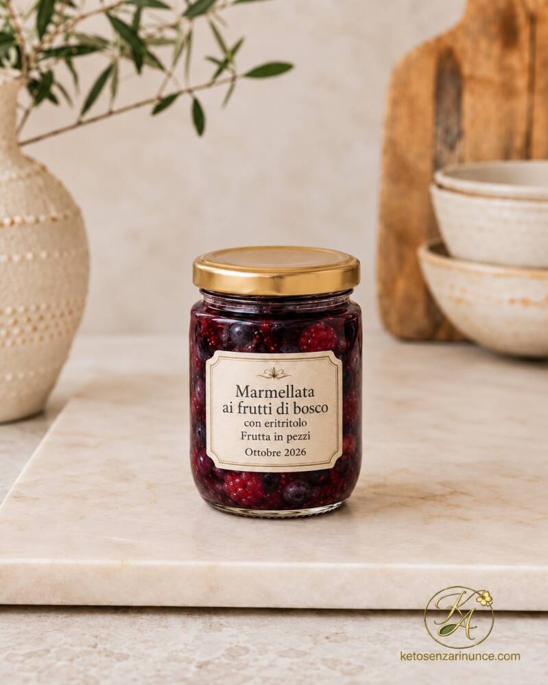 Barattolino di marmellata ai frutti di bosco con eritritolo, mirtilli interi e lamponi in pezzi, con etichetta e coperchio dorato su un piano in marmo beige. Ricetta di Keto senza rinunce.