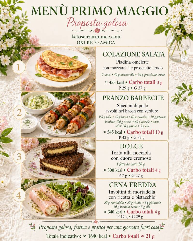 Menù Primo Maggio barbecue: proposta golosa dalla cucina di Oxi, con piadina omelette con mozzarella e prosciutto crudo, spiedini di pollo avvolti nel bacon con verdure, insalata cremosa di cavolo cappuccio con aneto e cetriolo, torta alla nocciola con cu