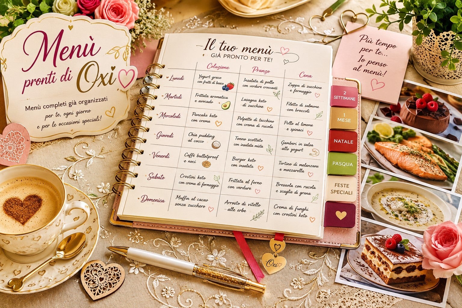 Planner elegante con menù chetogenici già organizzati per la settimana, il mese e le occasioni speciali, accompagnato da immagini di ricette e dettagli raffinati su tovaglia beige ricamata.