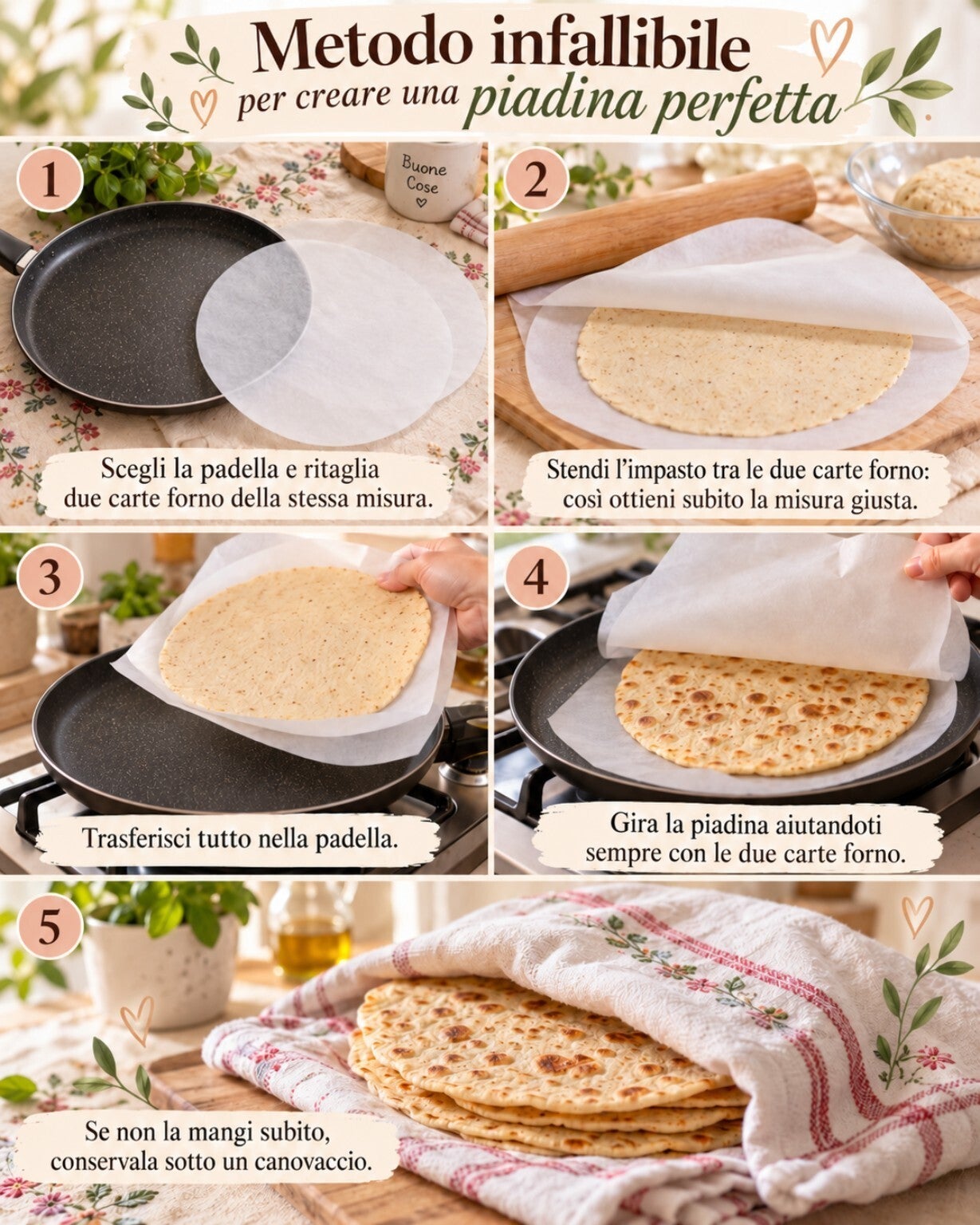Fotoricetta passo passo per preparare una piadina ketogenica sottile, morbida e flessibile: carta forno tagliata sulla misura della padella, stesura dell’impasto, cottura e metodo pratico per girarla senza romperla. Ideale come guida semplice per ottenere