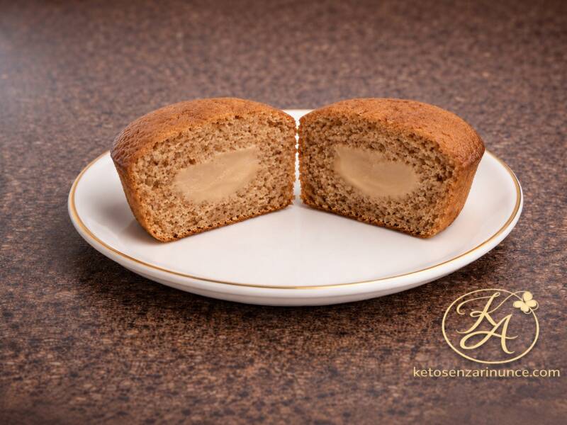 Muffin keto alla nocciola tagliato a metà, con cuore cremoso al formaggio e impasto morbido alla farina di nocciole. Ricetta con pochissima farina di mandorle, ideale per una colazione dolce chetogenica o un dessert senza zuccheri aggiunti.