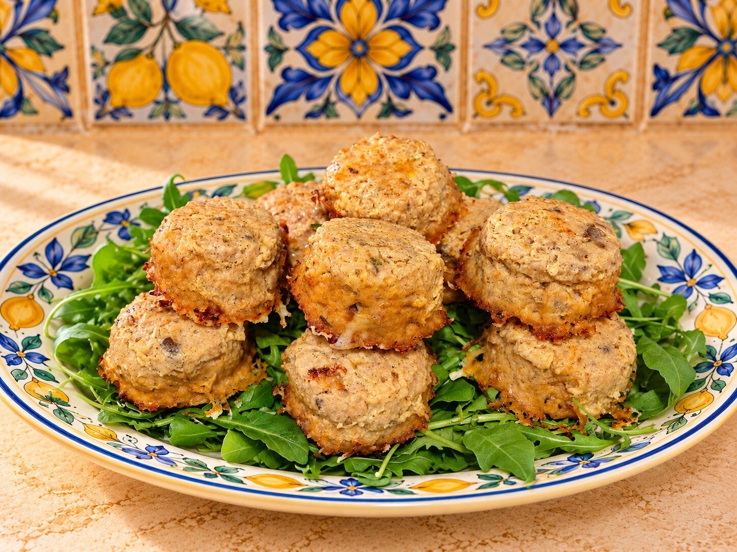Muffin chetogenici di pollo e tacchino con scamorza, serviti su un vassoio mediterraneo con rucola. Secondo piatto keto semplice, saporito e già porzionato.