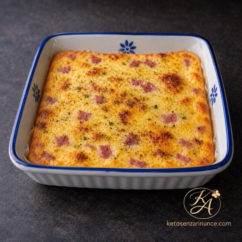 Omelette al forno monoporzione, cotta nella teglia piccola da 15 × 15 cm con carta forno leggermente visibile, dorata in superficie e arricchita con prosciutto cotto a cubetti.