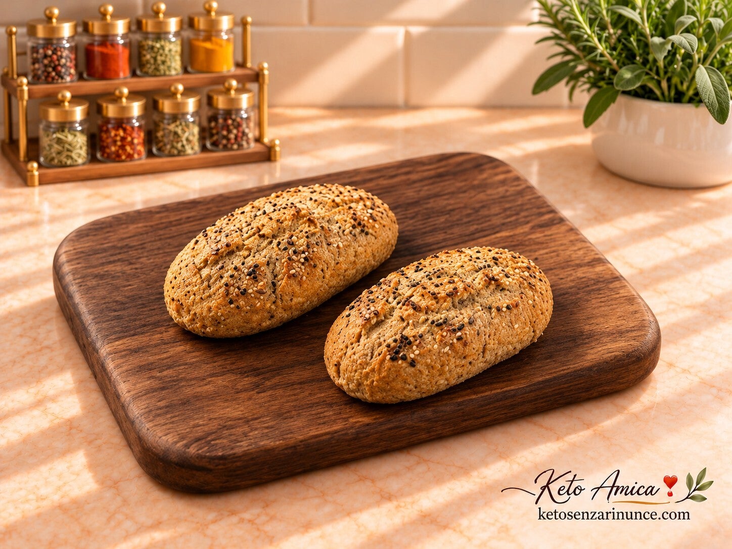Due piccole pagnotte chetogeniche rustiche e dorate, preparate con farina di mandorle, fibre e psillio, ideali da svuotare e farcire con ripieni salati.