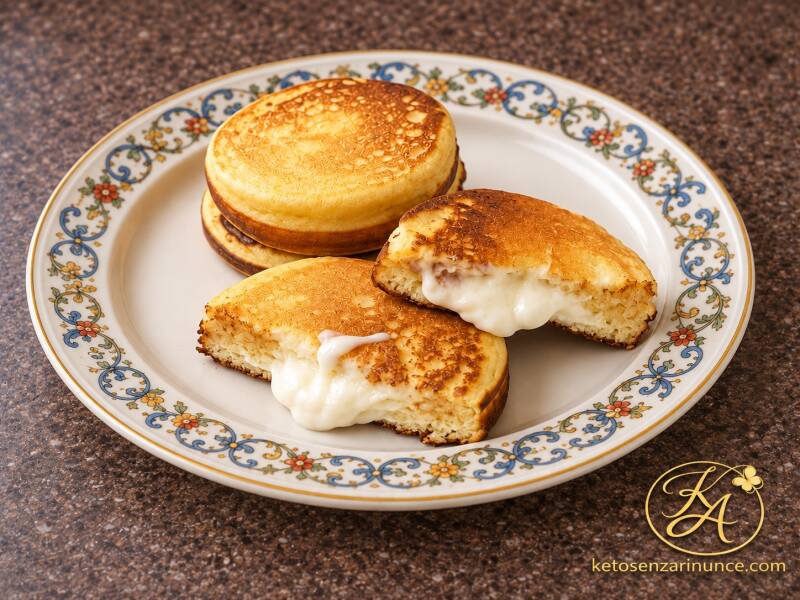 Pancake ripieni keto con crema dolce al formaggio, soffici e dorati, con un cuore cremoso e goloso. Una colazione low carb semplice da preparare, perfetta per chi cerca un’idea diversa, saziante e senza zucchero