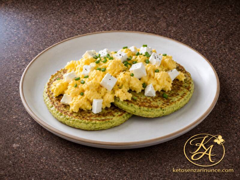 Pancake salati chetogenici all’avocado, soffici e dorati, serviti con uovo strapazzato cremoso, feta a cubetti ed erba cipollina.