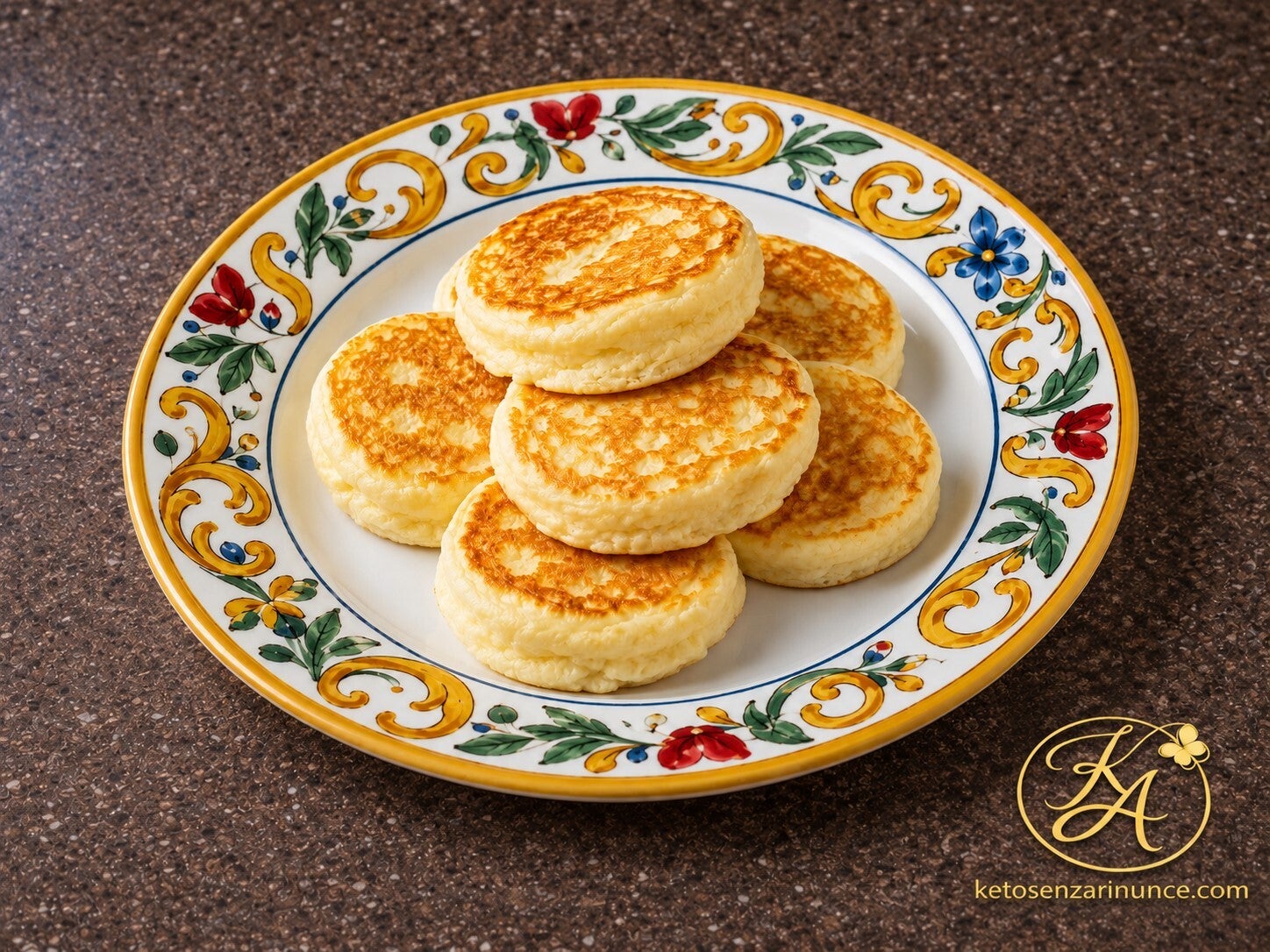 Pancake soffici agli albumi chetogenici, piccoli, dorati e morbidi, serviti su un piatto mediterraneo colorato. Una colazione keto dolce, leggera e senza zucchero, perfetta per usare albumi avanzati in modo semplice e goloso.