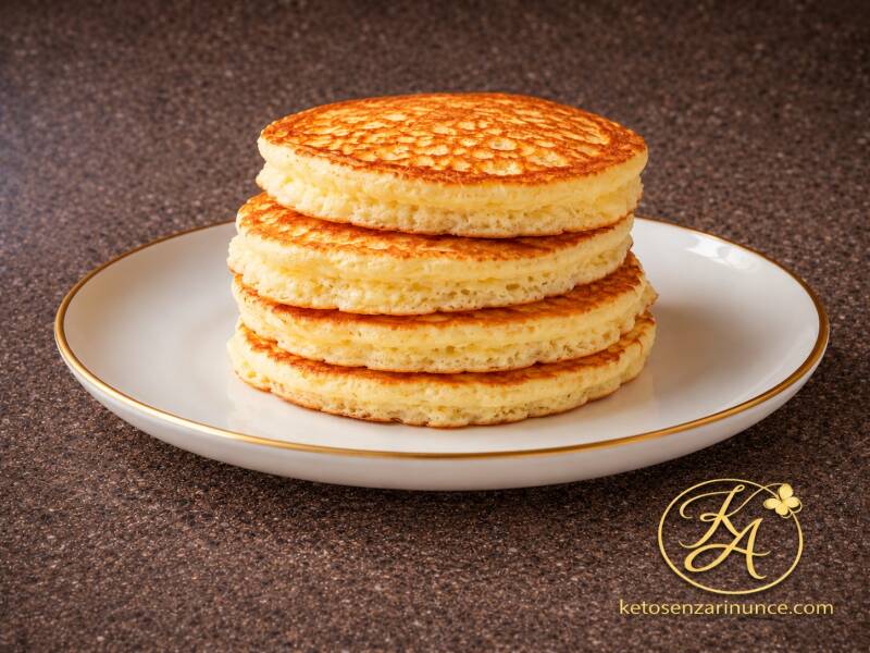 Pancake chetogenici alti e soffici, dorati in padella e impilati su un elegante piatto bianco, perfetti per una colazione dolce e golosa senza zucchero.