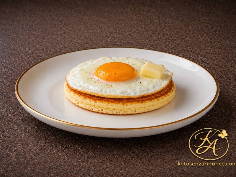 Pancake soufflé alla mozzarella chetogenico servito con uovo all’occhio di bue e burro. Un’idea salata morbida, semplice e saziante per colazione, brunch o pranzo veloce keto.