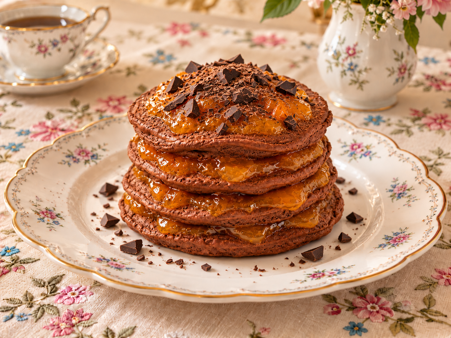 Pancake keto al cioccolato con farina di cocco, senza mandorle, farciti con confettura di albicocche senza zuccheri aggiunti e decorati con scaglie di cioccolato fondente. Una variante golosa ispirata alla torta Sacher, perfetta per una colazione chetogen