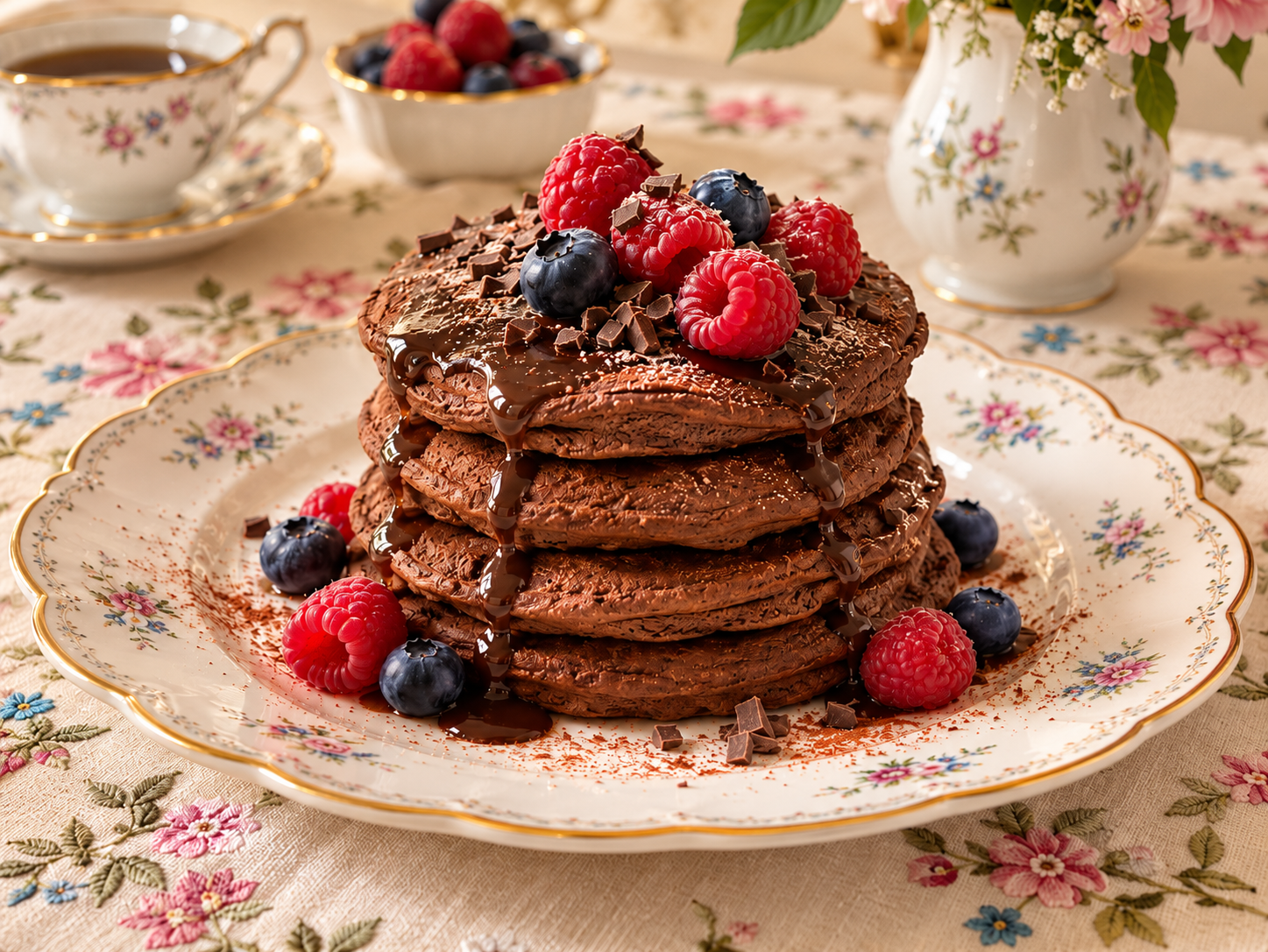 Pancake keto al cioccolato con farina di cocco, senza mandorle, guarniti con una vellutata salsa al cioccolato fondente, lamponi e mirtilli freschi. Una colazione chetogenica soffice, golosa ed elegante, senza zuccheri aggiunti. Ricetta di Keto Amica Oxi 
