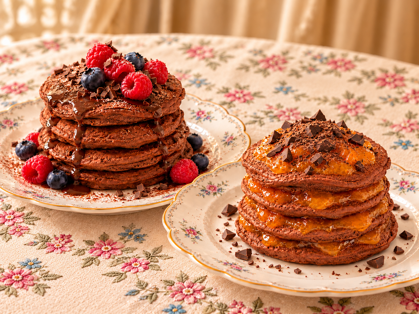 Pancake keto al cioccolato con farina di cocco, senza mandorle, presentati in due varianti golose: con salsa al cioccolato fondente e frutti di bosco oppure con confettura di albicocche senza zuccheri aggiunti, ispirazione Sacher. Due idee per una colazio
