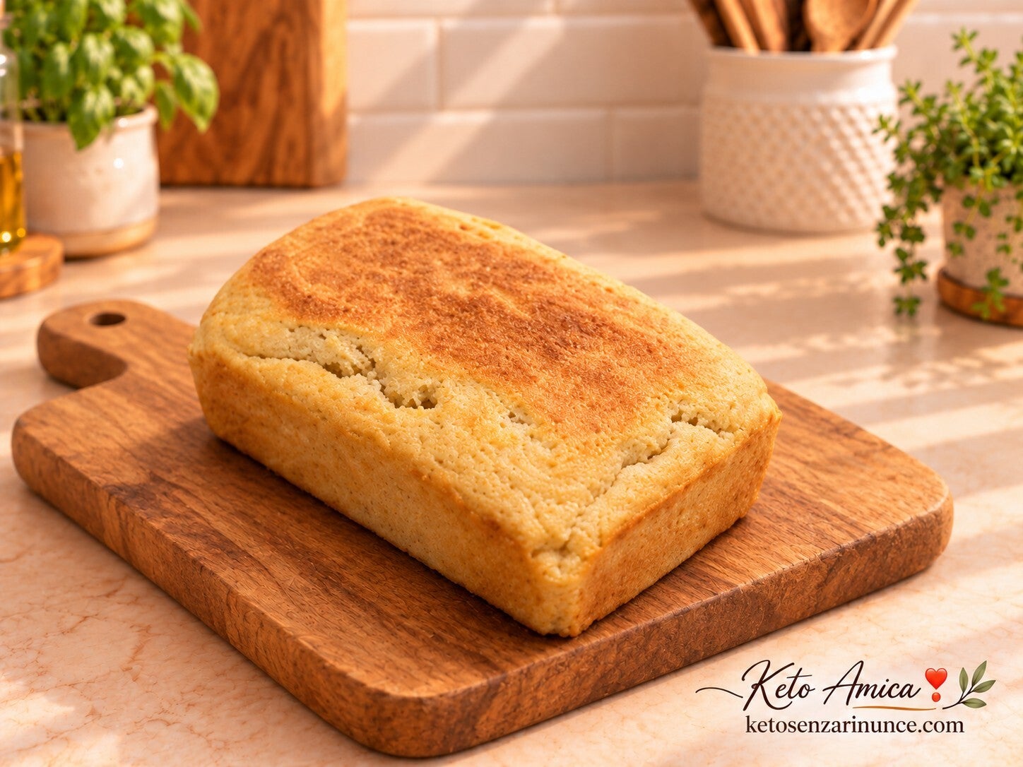Pane chetogenico proteico con mozzarella e panna, presentato come pagnotta intera su tagliere scuro Keto Amica, su sfondo marrone speckled con logo KA e riferimento a ketosenzarinunce.com. Immagine elegante per il blog Keto senza rinunce, adatta a una ric