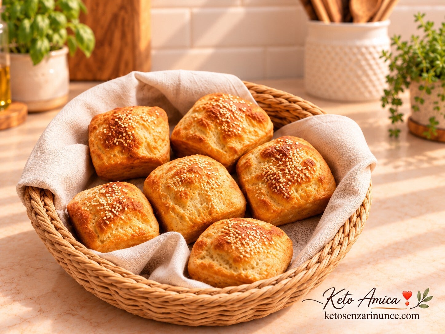 Panini keto al sesamo dorati, disposti in un cestino di vimini rivestito con telo chiaro, su sfondo marrone speckled con logo KA dorato e riferimento a ketosenzarinunce.com. Immagine calda, pulita ed elegante per il blog Keto senza rinunce, ideale per pre