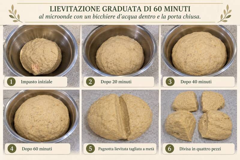 Sequenza fotografica della lievitazione del pane keto fatto in casa: crescita dell'impasto dopo 20, 40 e 60 minuti, seguita dalla divisione in quattro porzioni per formare i filoncini.