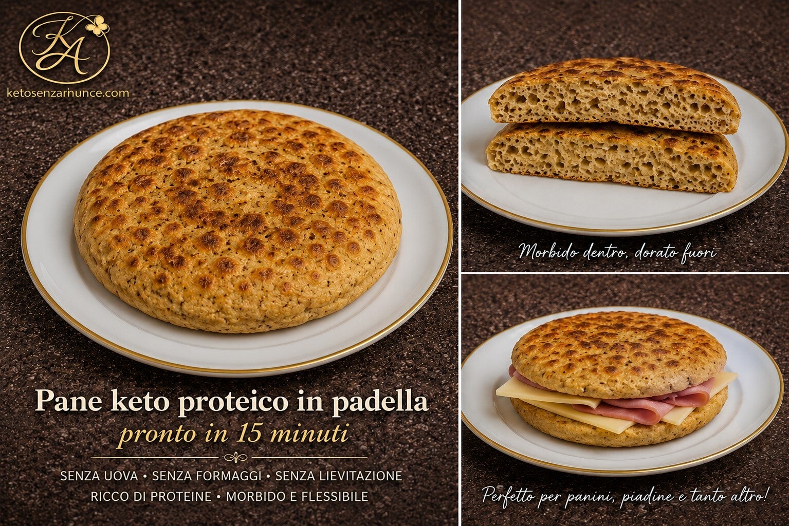 Pane keto proteico in padella, morbido dentro e dorato fuori, preparato senza uova, senza formaggi e senza lievitazione. Una ricetta chetogenica veloce e saziante, pronta in 15 minuti, ideale da utilizzare come pane oppure da tagliare e farcire per colazi