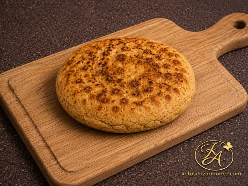 Pane keto proteico in padella, morbido e dorato, fotografato su un tagliere di legno chiaro. Una soluzione veloce e saziante, senza uova e senza lievitazione, perfetta da gustare da solo o da farcire per colazione, pranzo o cena.