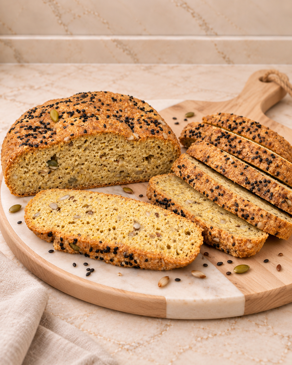 Pane keto rustico ai semi, senza uova e senza latticini, mostrato intero e tagliato a fette su elegante tagliere in legno. La mollica compatta e asciutta evidenzia semi misti e una struttura rustica, ideale da gustare al naturale o leggermente tostato.