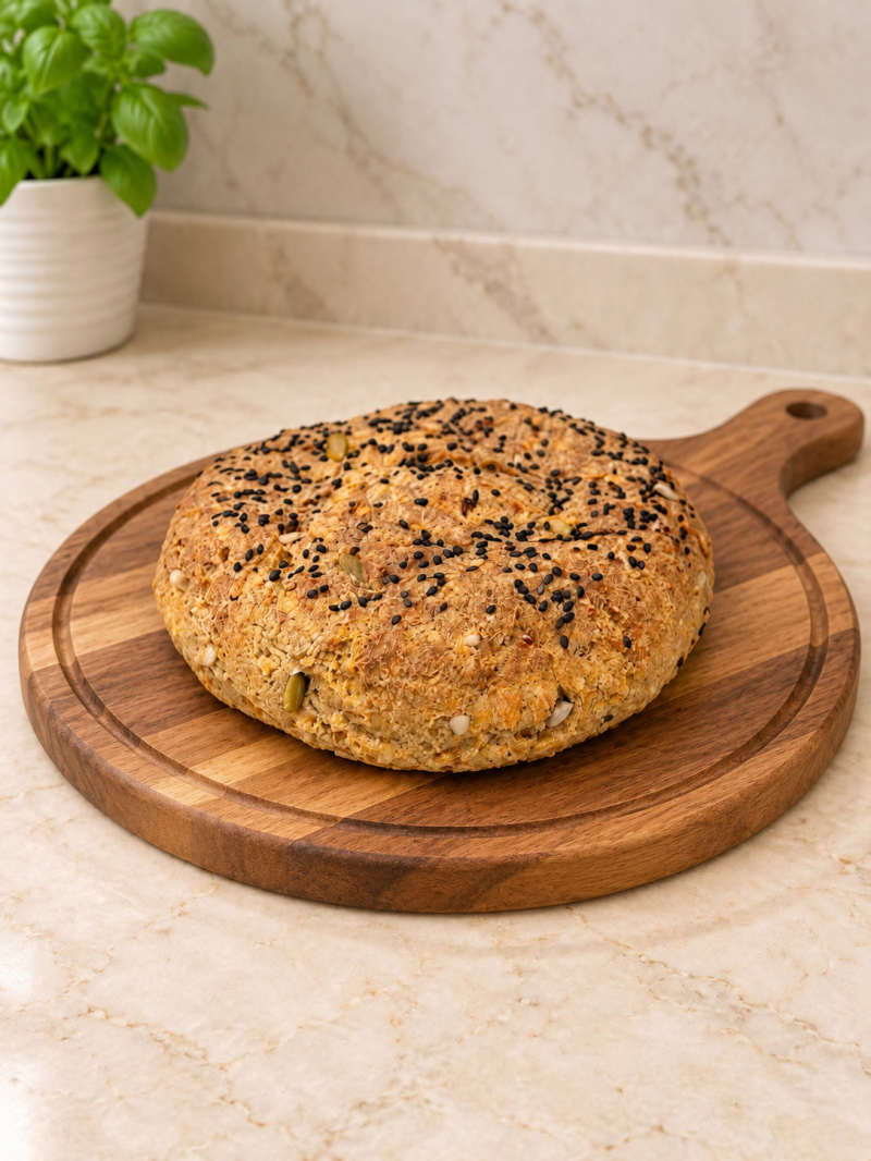 Pane keto rustico ai semi, senza uova e senza latticini, preparato con farina di mandorle, lino dorato, fibra di bambù, psillio e semi misti. Pagnotta dorata e compatta, fotografata su elegante tagliere in legno, ideale da servire al naturale o leggerment