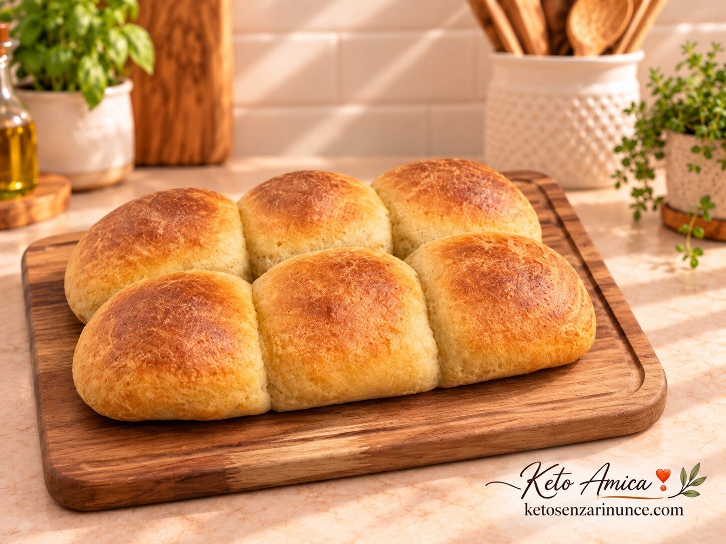 Pane bianco chetogenico morbido alla crescenza, cotto in 6 pezzi uniti e fotografato su un elegante tagliere in legno. Ricetta keto tipo pane al latte, soffice, profumata e perfetta da spezzare con le mani.