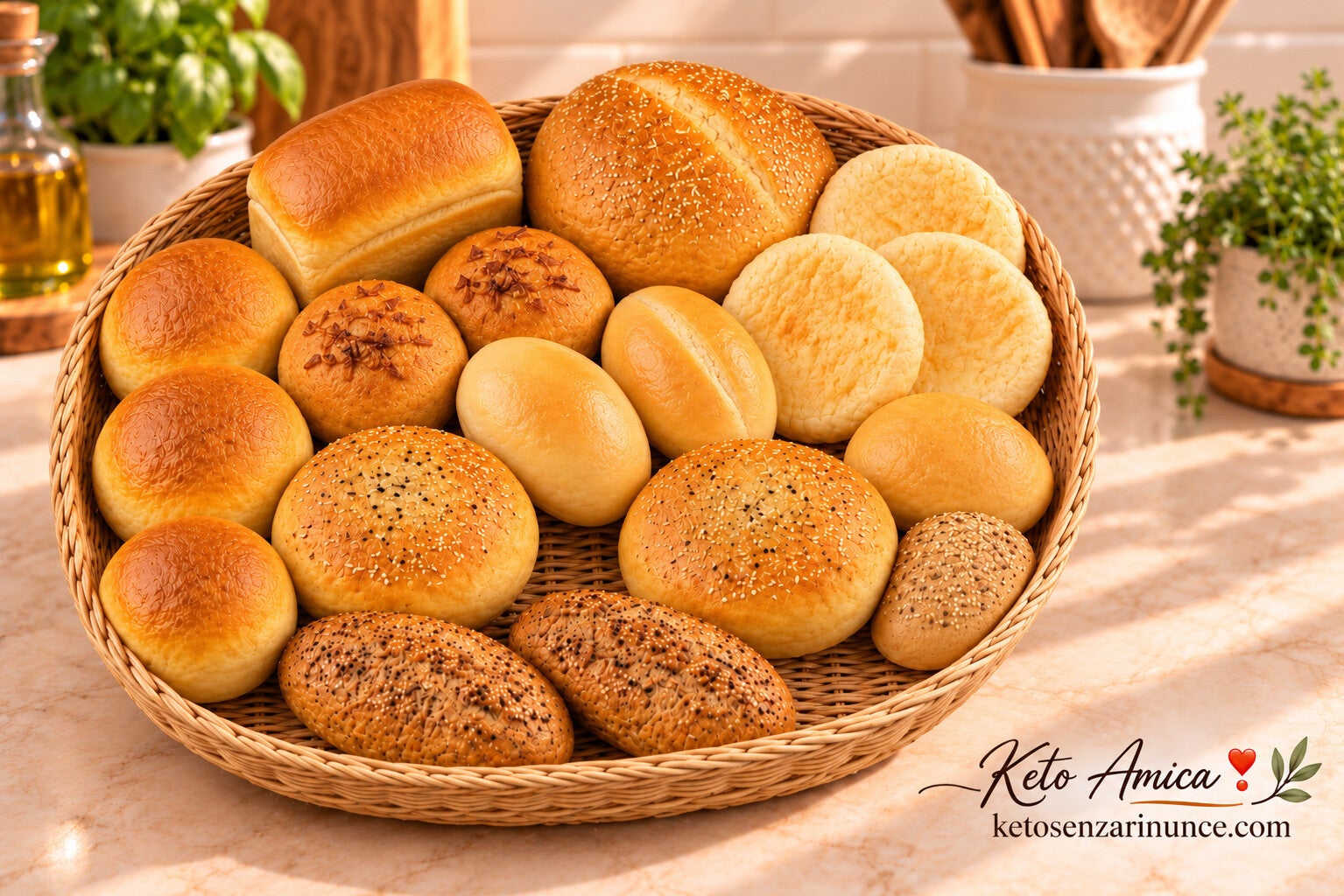 Assortimento di pani morbidi chetogenici con filone affettato, panini al latte, panini da hamburger al sesamo e piccole pagnotte rustiche.