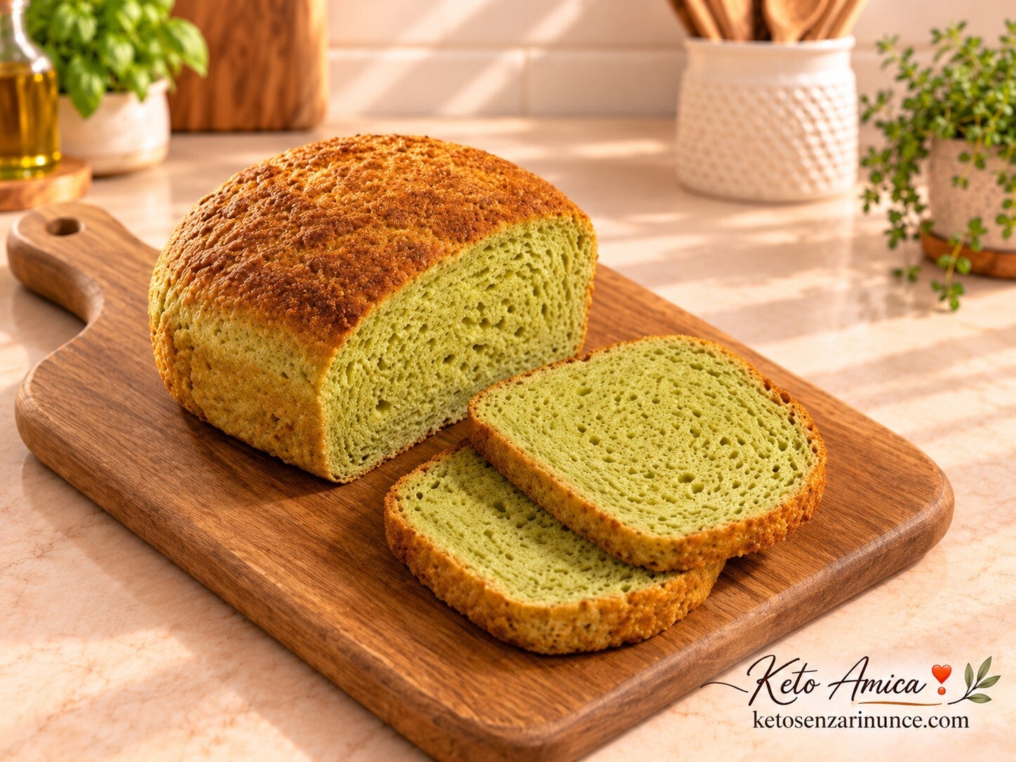 Pane morbido chetogenico all’avocado, tagliato a fette su elegante tagliere in legno. Mollica soffice, colore naturalmente verde e crosta dorata.