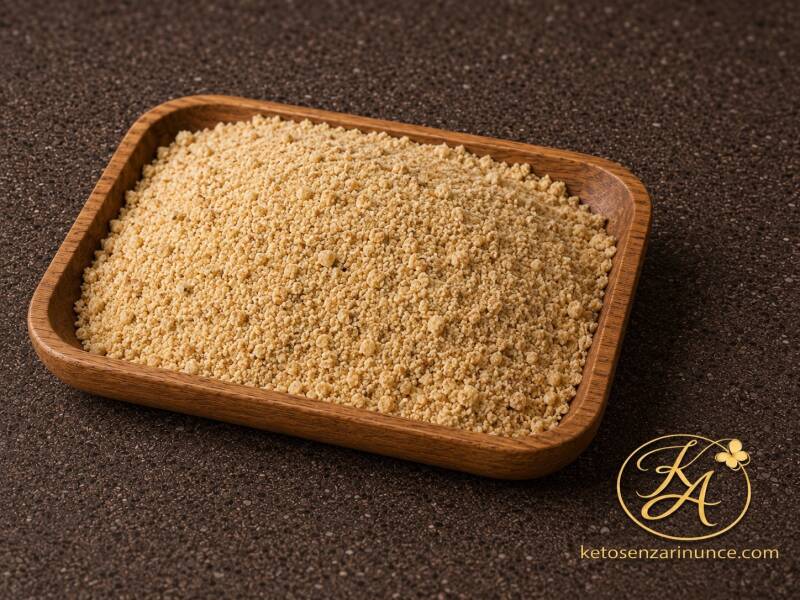 Pangrattato keto fatto in casa, preparato da una sfoglia sottile tipo cracker e poi macinato fino a ottenere una grana rustica e croccante. Perfetto per bistecche impanate, cotolette, gratinature e ricette salate chetogeniche.
