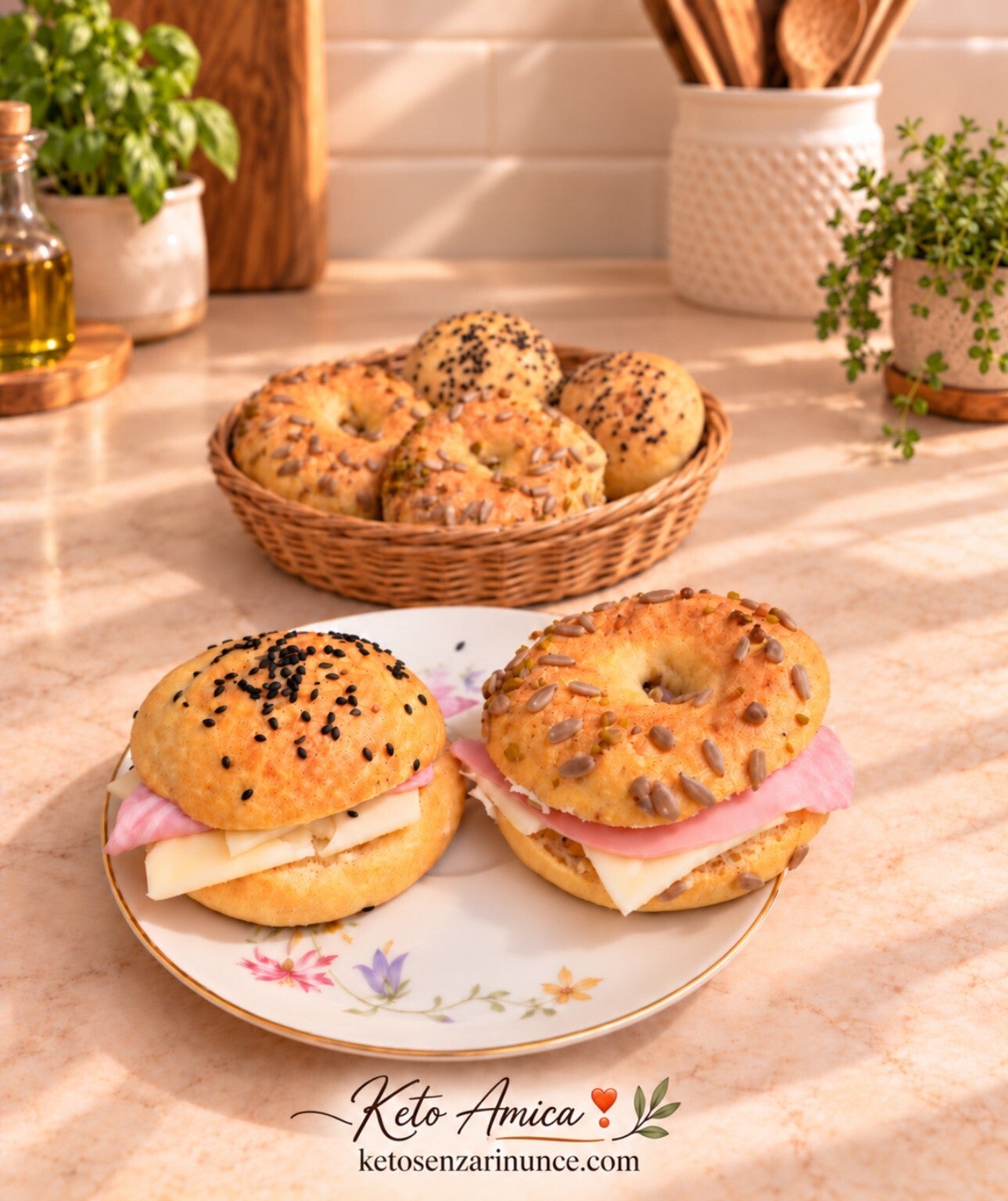 Panini morbidi e bagel keto fatti in casa, preparati con feta greca, formaggio spalmabile e farina di mandorle. Farciti con prosciutto cotto ed Emmental, sono ideali per una colazione salata chetogenica, pratica, saziante e ricca di gusto.