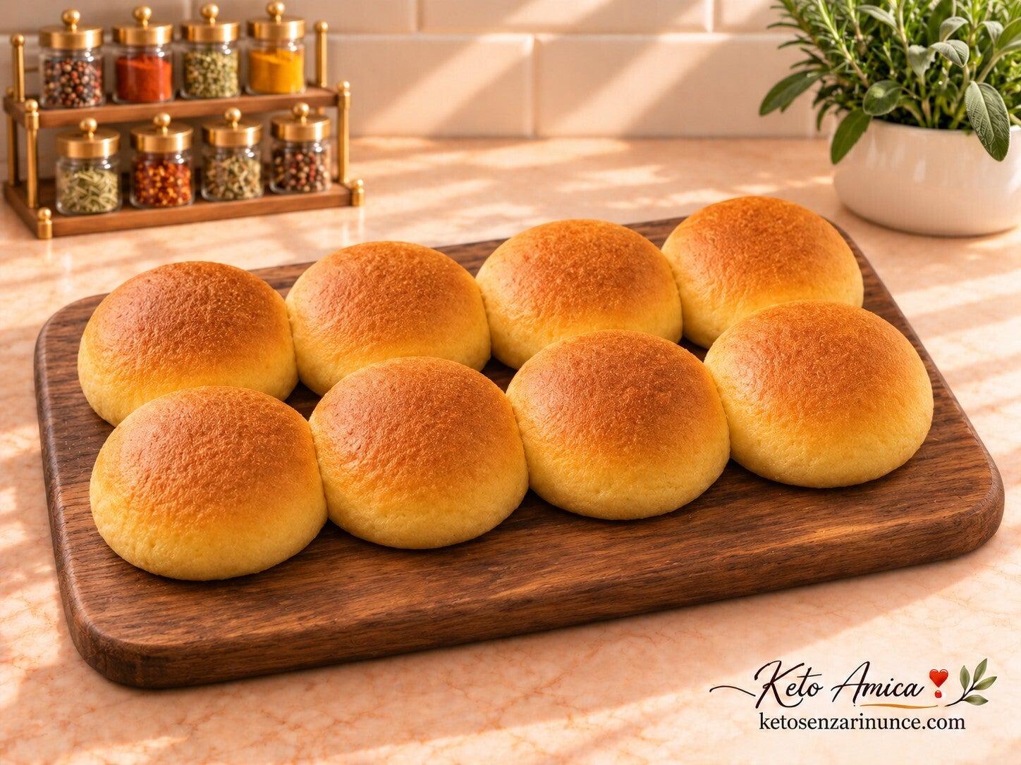 Otto piccoli panini al latte chetogenici, morbidi e dorati, preparati con lievito di birra, yogurt greco e burro, ideali per farciture dolci o salate.