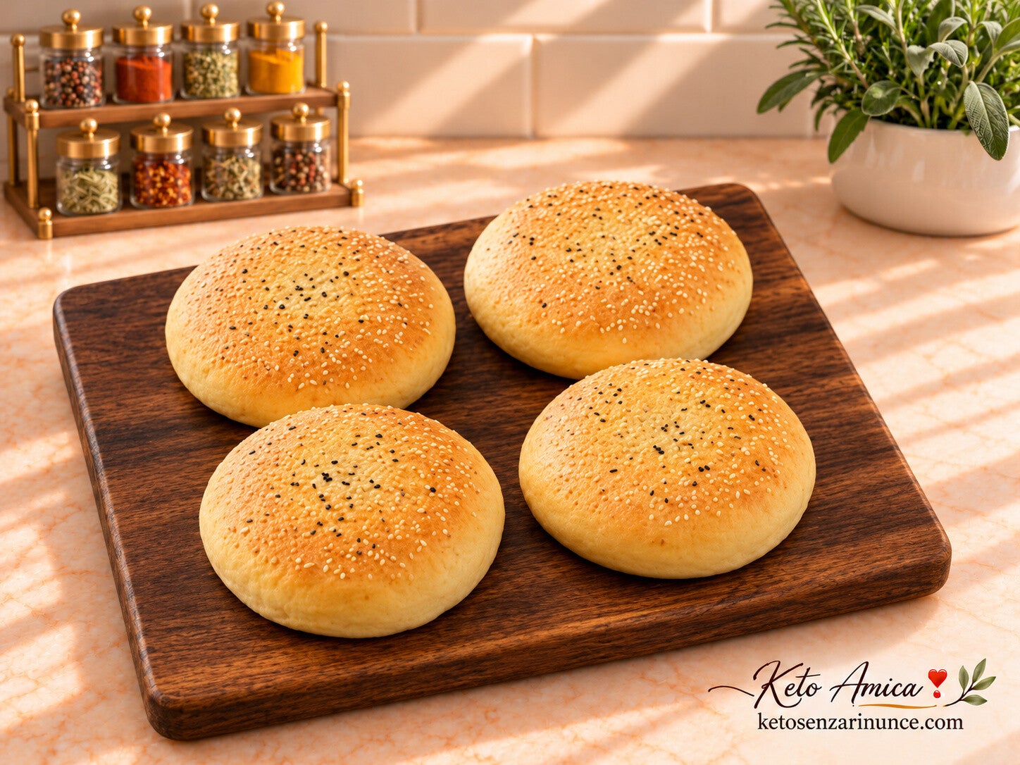 Quattro panini chetogenici morbidi allo yogurt greco, rotondi e dorati, ideali come base per hamburger keto e farciture salate.