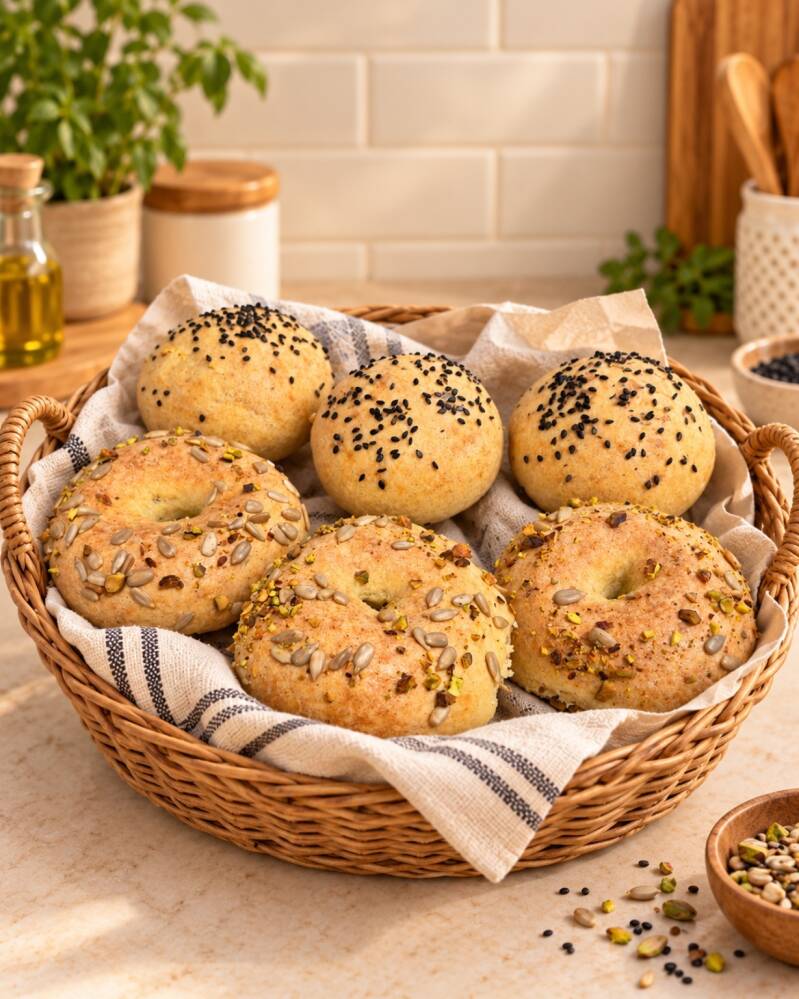 Panini morbidi e bagel keto fatti in casa, preparati con feta greca, formaggio spalmabile e farina di mandorle. Soffici, ben alveolati e perfetti da farcire per una colazione salata chetogenica, ma anche per pranzo o cena.