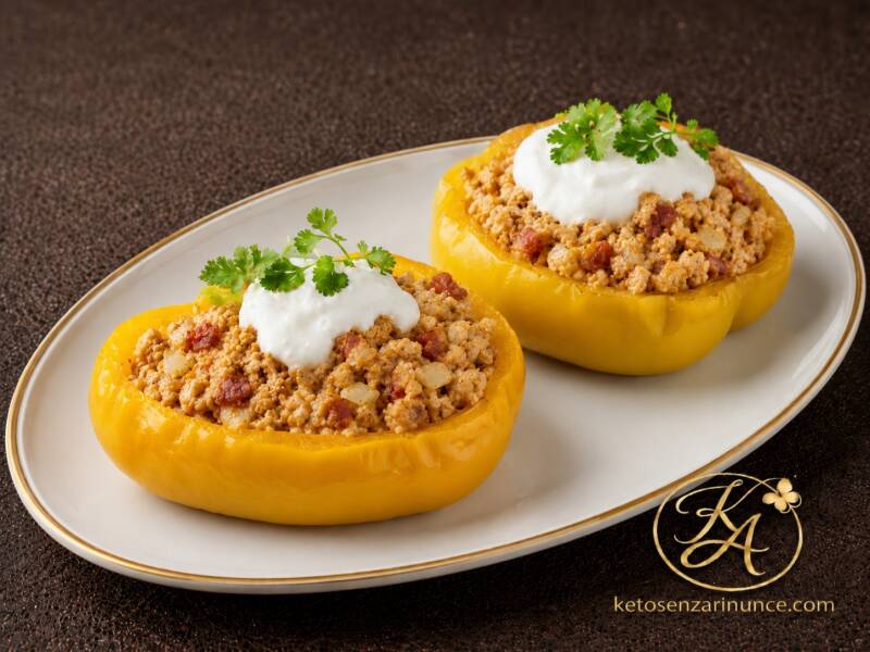 Due peperoni ripieni keto, uno rosso e uno giallo, farciti con carne e pancetta e serviti su un piatto ovale bianco con bordo dorato. Completati con una crema fresca allo yogurt e decorati con erbe aromatiche, sono un secondo piatto chetogenico ricco, sap
