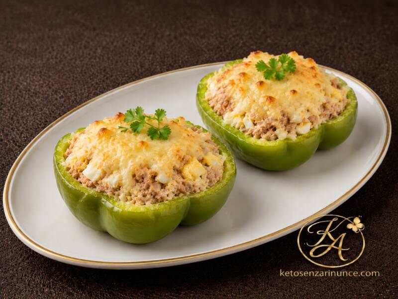 Due peperoni verdi ripieni in versione keto, farciti con tonno e uova e completati con formaggio fuso in superficie. Un secondo piatto chetogenico semplice, saporito e molto goloso, perfetto per un pranzo o una cena per 2 persone.