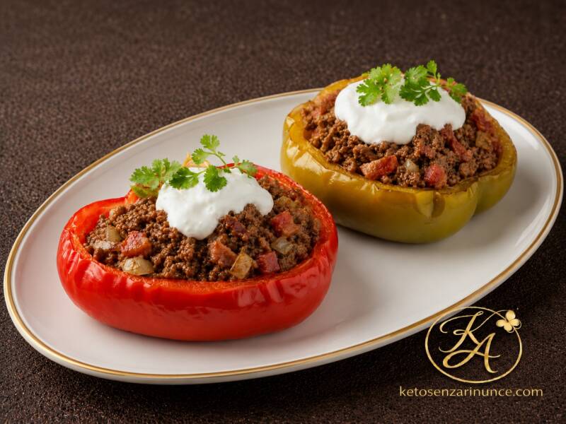 Due peperoni ripieni keto, uno rosso e uno giallo, farciti con carne e pancetta e serviti su un piatto ovale bianco con bordo dorato. Completati con una crema fresca allo yogurt e decorati con erbe aromatiche, sono un secondo piatto chetogenico ricco, sap