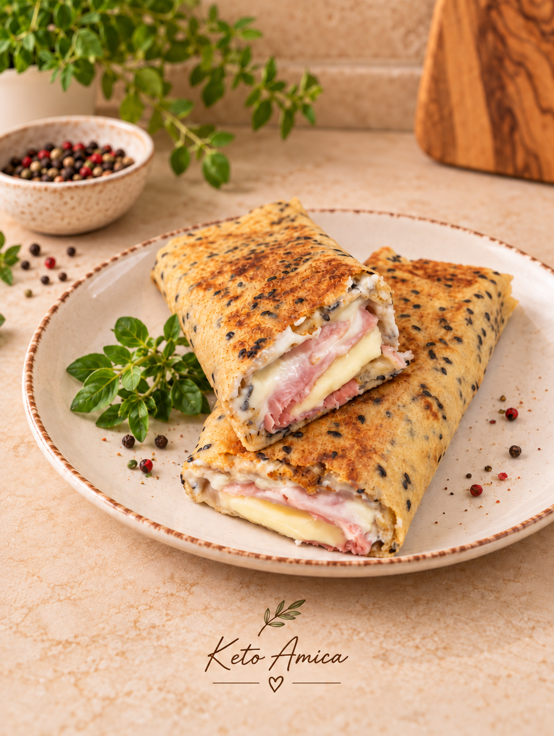 Piadina chetogenica morbida e sottile, farcita con speck e formaggio e dorata in padella. Una preparazione keto semplice, gustosa e versatile, realizzata con la piadina senza uova e senza latticini 