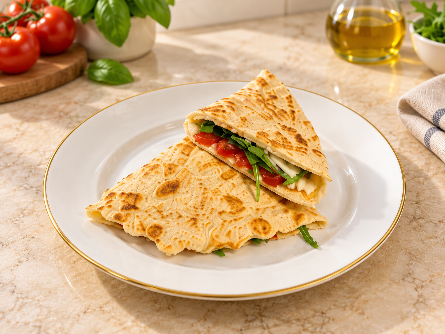 Piadina keto dorata e croccante, farcita con pomodoro, rucola fresca e formaggio, piegata a triangolo e presentata su un elegante piatto bianco con bordo dorato. Una proposta salata, golosa e invitante della cucina di Keto senza rinunce – Keto Amica Oxi.