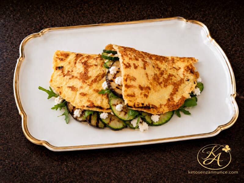 Piadina keto di petto di pollo farcita con feta greca, zucchine grigliate e melanzane grigliate, servita su vassoio bianco con bordo dorato su sfondo marrone del blog ketosenzarinunce.com. Una ricetta proteica, senza farina e senza frittura, ideale per un