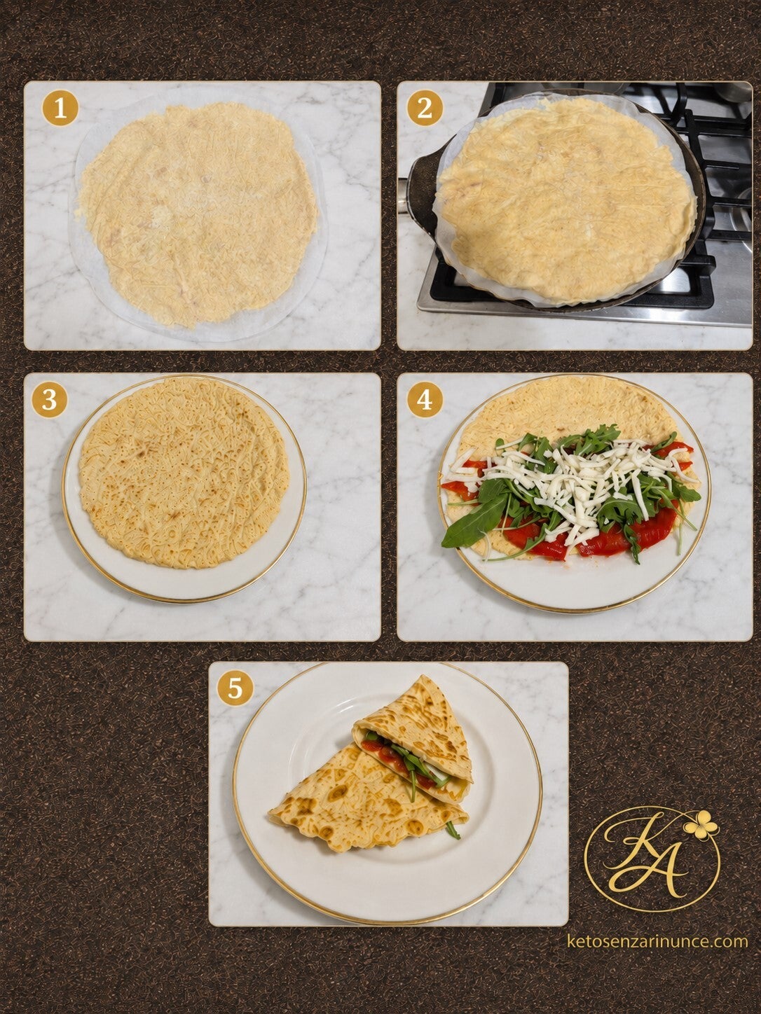 Procedimento fotografico della piadina keto di petto di pollo senza farina, con impasto steso tra due fogli di carta forno, cottura in padella, base pronta e farcitura con peperoni, scamorza e rucola. Immagine passo passo per una ricetta proteica, leggera