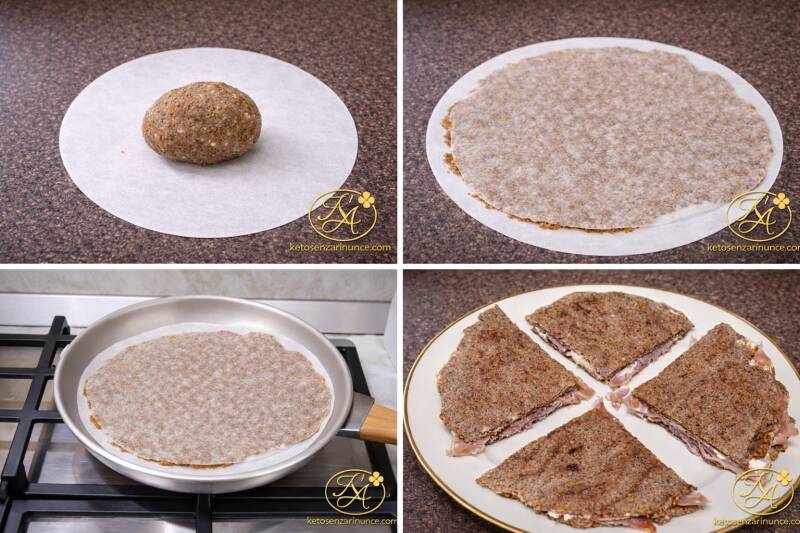preparazione piadina keto passo passo, impasto stesura cottura e risultato finale