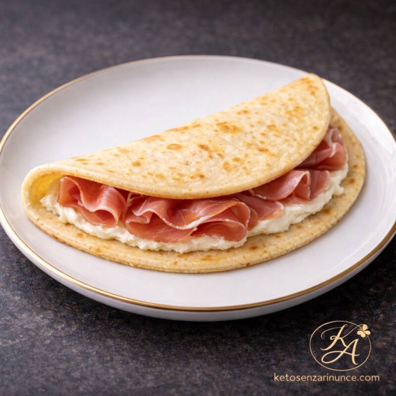 Piadina chetogenica alle mandorle, sottile e morbida, piegata a mezzaluna e farcita con prosciutto crudo dolce e formaggio cremoso.