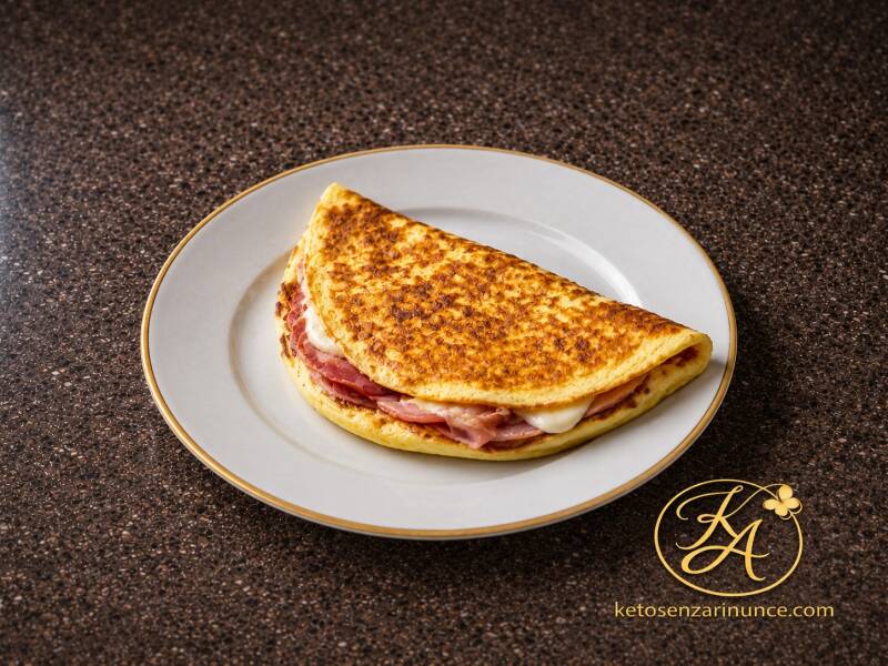 Piadina omelette chetogenica dorata e morbida, farcita con mozzarella filante e prosciutto crudo, servita su piatto bianco con bordo dorato.