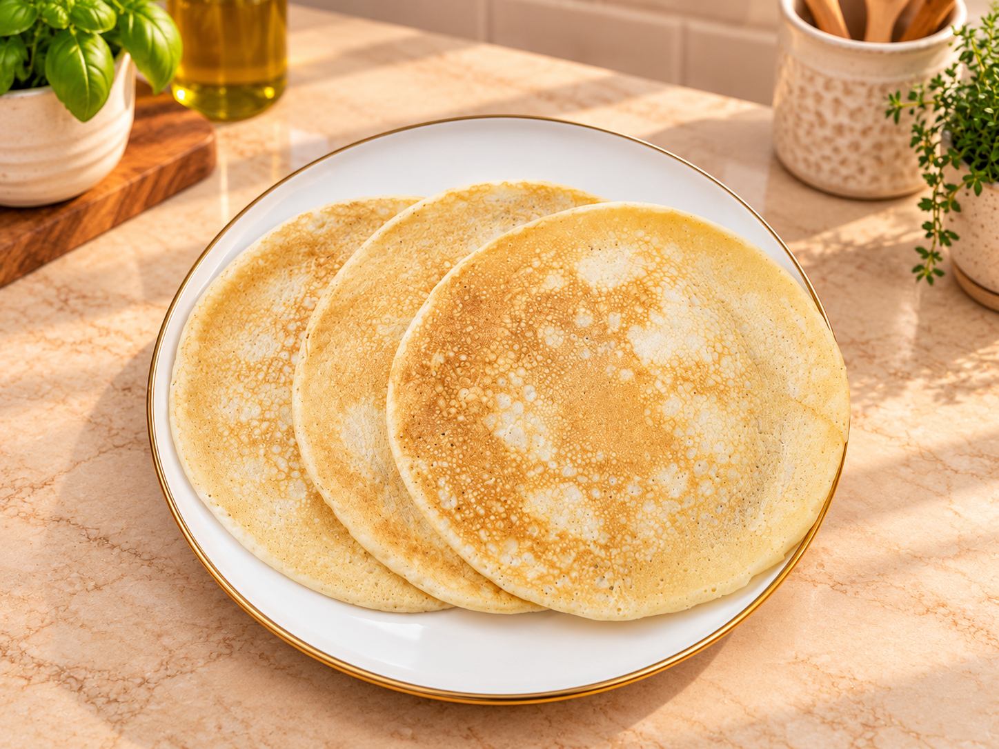 Tre piadine keto senza farina di mandorle, preparate con albumi, leggere, morbide e delicatamente dorate. Presentate su un elegante piatto bianco con bordo dorato, in una cucina luminosa. Una proposta versatile, ideale per farciture dolci o salate, dalla 