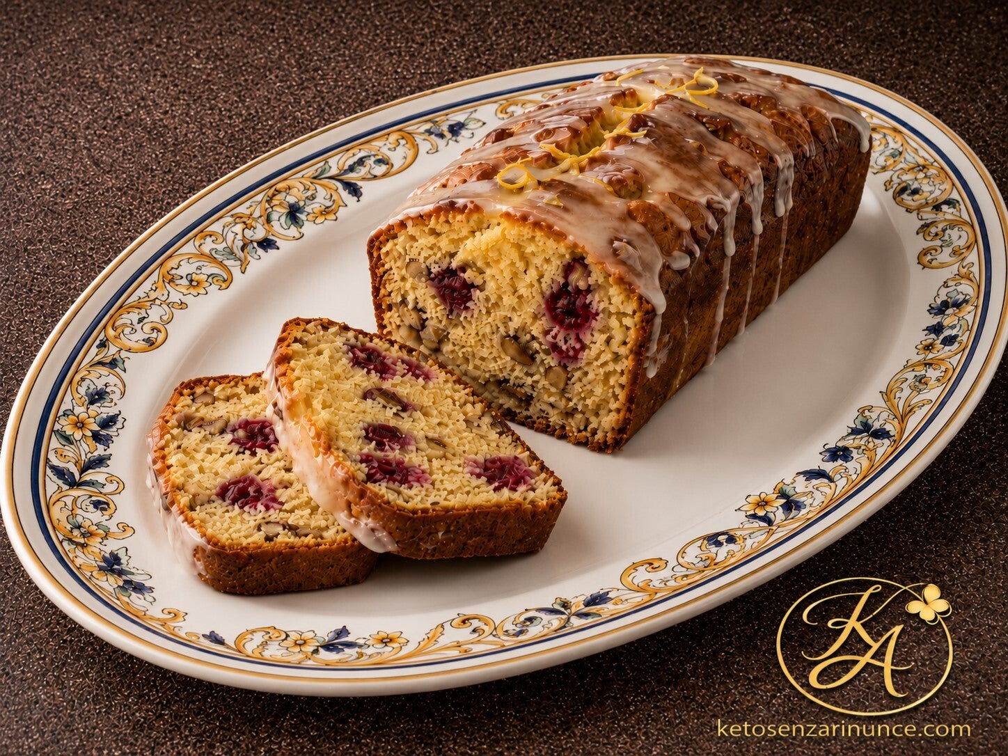 Plumcake chetogenico al limone con lamponi e noci, soffice e profumato, servito su elegante piatto ovale decorato. Un dolce keto goloso e raffinato, senza zucchero, perfetto per colazione o merenda.