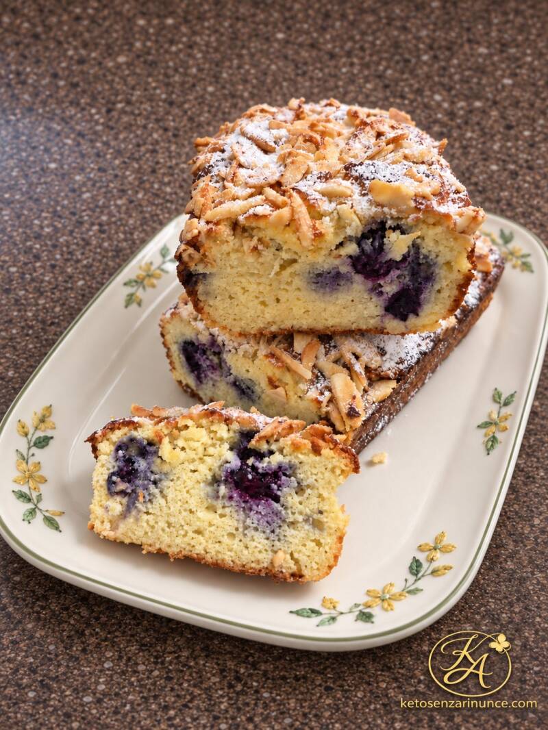 Plumcake chetogenico al mascarpone e mirtilli, con copertura dorata di mandorle a lamelle, servito su un elegante piatto floreale.