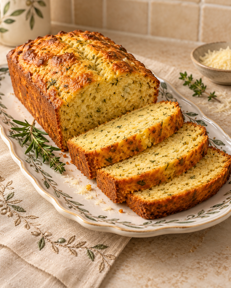 Plumcake chetogenico salato preparato con farina di lupino, farina di mandorle, ricotta, Parmigiano ed erbe aromatiche. Dorato all'esterno, con una mollica morbida e saporita, presentato a fette su un elegante vassoio bianco con decorazioni mediterranee, 