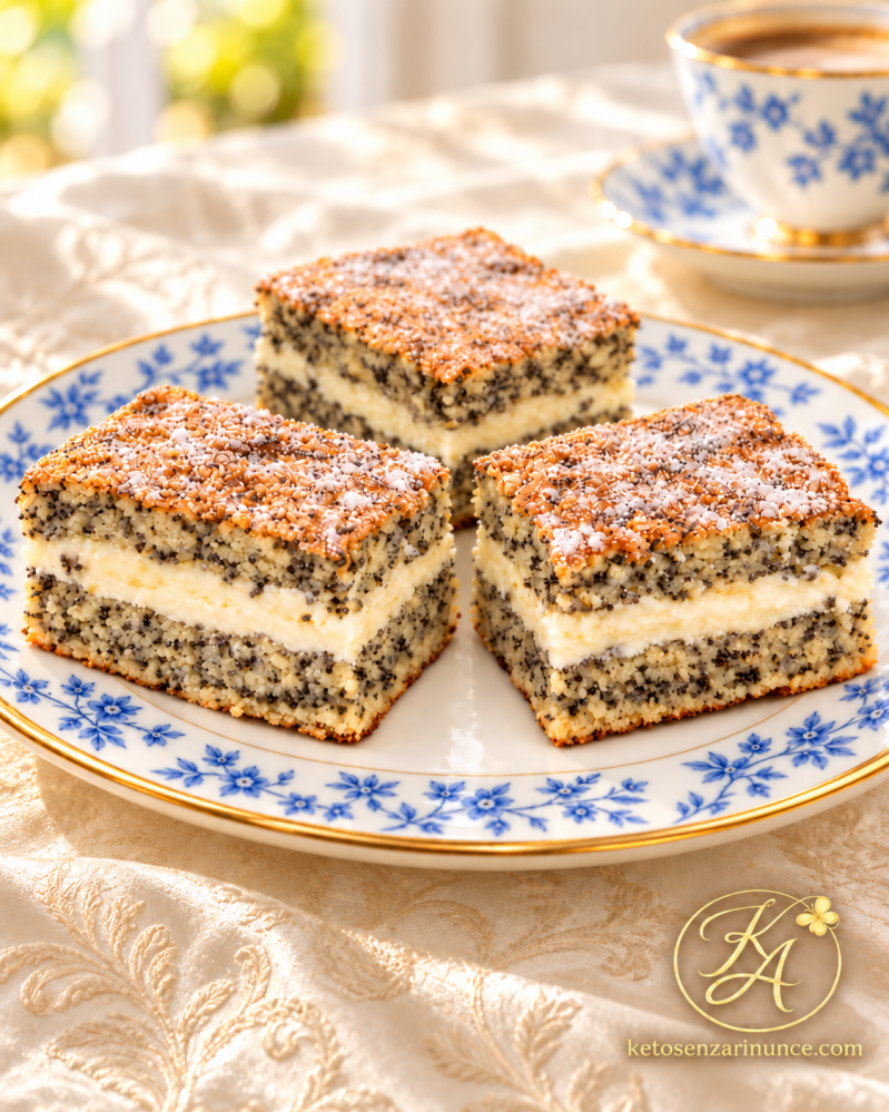 Quadrotti di plumcake chetogenico ai semi di papavero con crema al formaggio, su un piatto decorato blu e oro, abbinato alla tazzina del caffè.